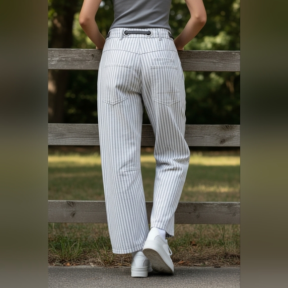 BiBi Barrel Leg Drawstring Retro Patchwork Stripe Cotton Twill Baggy Tapered - Picture 7 of 12